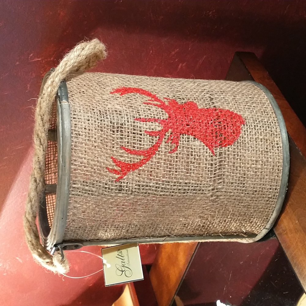Galt International Burlap, Metal, Rope& Wood Container w/Stenciled Buck Head NWT